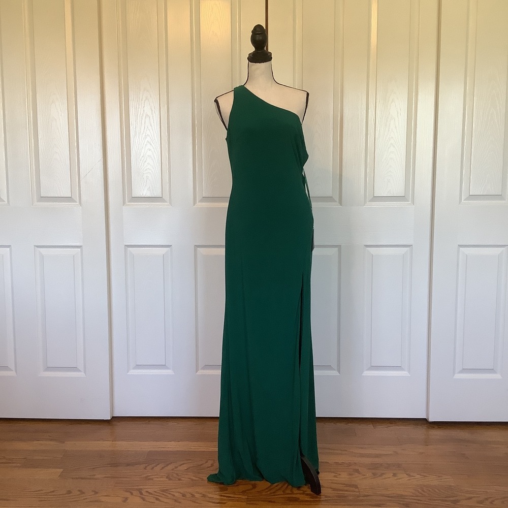 IEENA‎ for Mac Duggal Emerald Green One Shoulder Draped Back Gown Size 4 NWT
